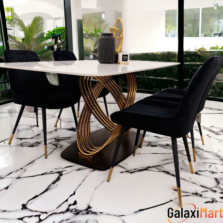 Orion Gold 1.8 Dining Table with Polar White Sintered Stone Top and Luna Velvet Dining Chair