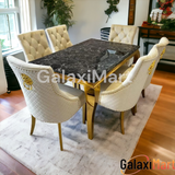 Louis Gold & Black Marble Dining Table With Cream & Gold Lion Knocker Dining Chairs