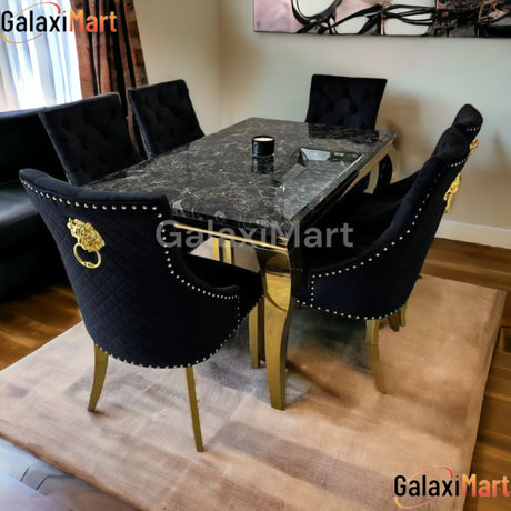 Louis Gold & Black Marble Dining Table With Black & Gold Lion Knocker Dining Chairs