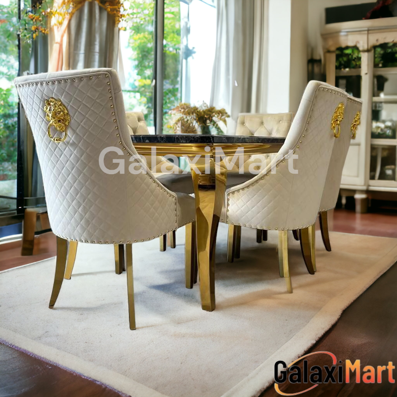 Louis Gold & Black Marble Dining Table With Cream & Gold Lion Knocker Dining Chairs