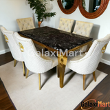 Louis Gold & Black Marble Dining Table With Cream & Gold Lion Knocker Dining Chairs