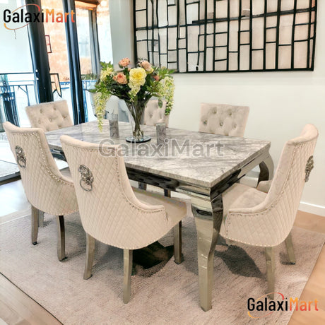 Louis 150cm/180cm/200cm Grey Marble Dining Table With set of Lion Knocker Velvet Dining Chairs, Black