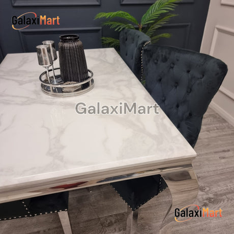 Louis 150cm/180cm/200cm Marble Dining Table and Set of Velvet Dining Chairs- Ring Knocker