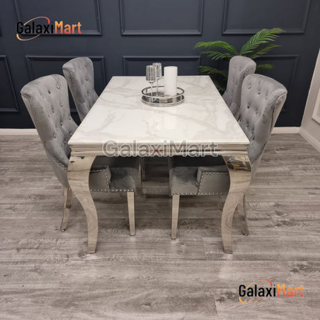 Louis 150cm/180cm/200cm Marble Dining Table and Set of Velvet Dining Chairs- Ring Knocker