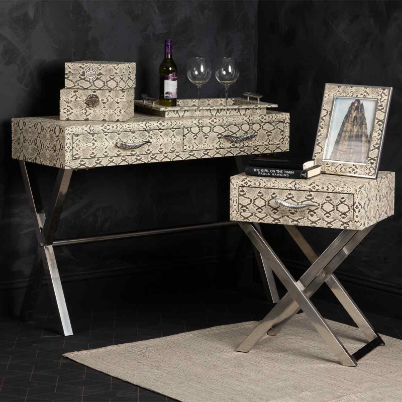 Faux Snake Leather 2 Drawer Console Table LF064-00-BLWH