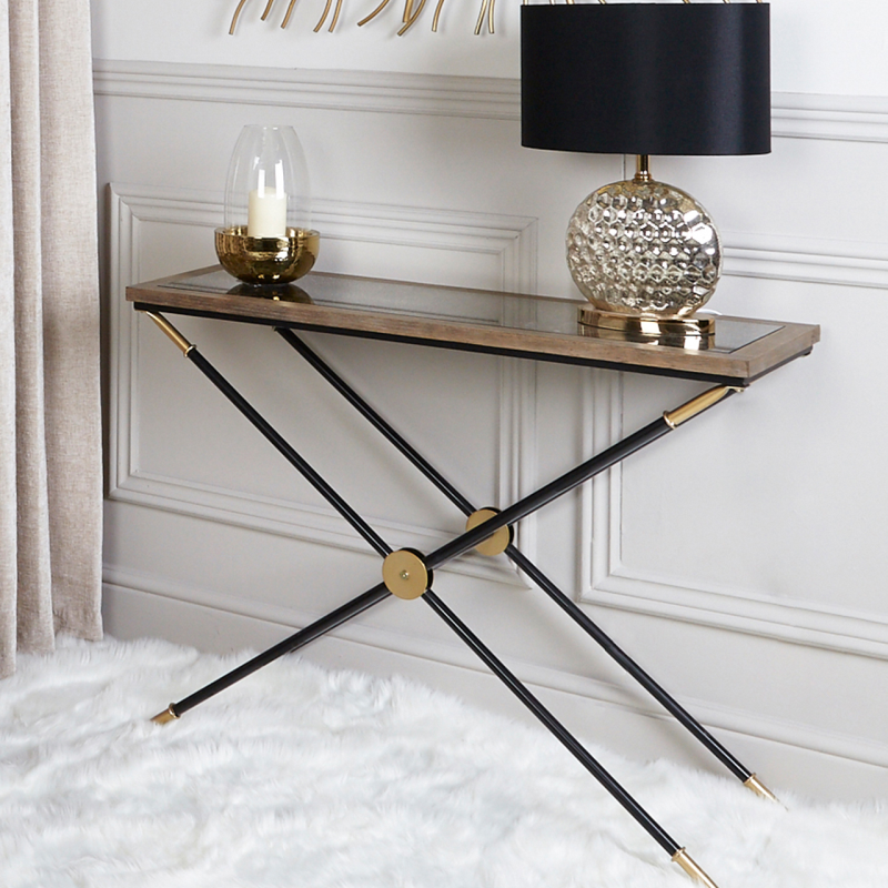 Oralie Black And Gold Metal Console Table Ant Mirror Top