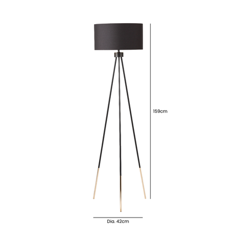 159cm Black and Gold Tripod Floor Lamp with Black Linen Shade Gold Inside