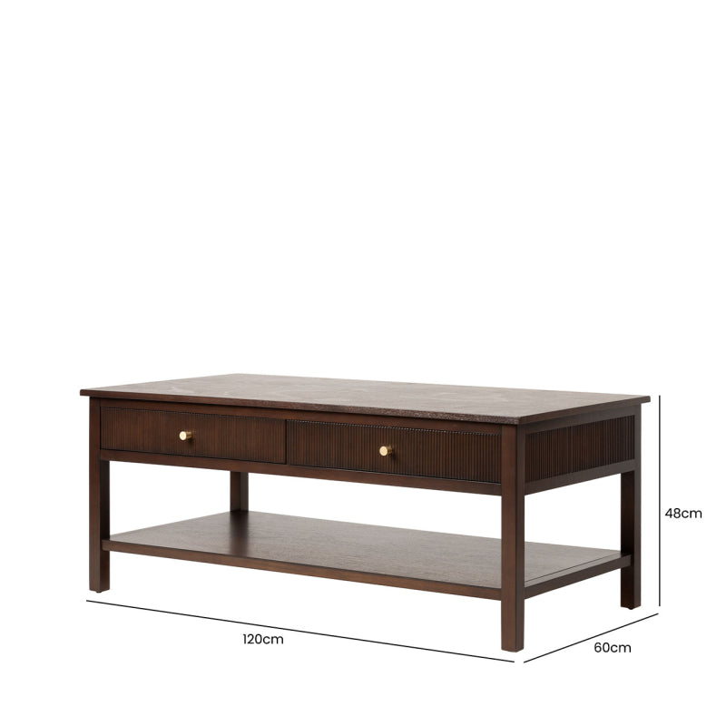 Lindon Walnut Brown 2 Drawer Coffee Table with Gold Handles