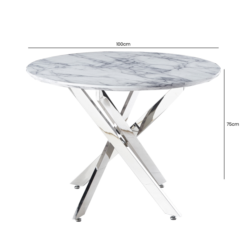 Nova 100cm White Marble & Chrome Round Dining Table