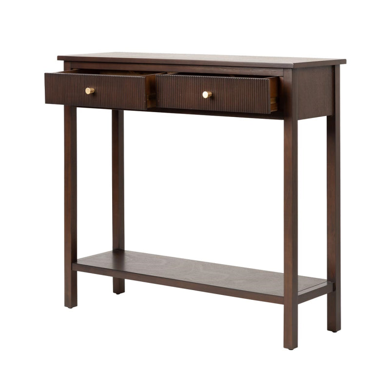 Lindon Walnut Brown 2 Drawer Console Table with Gold Handles